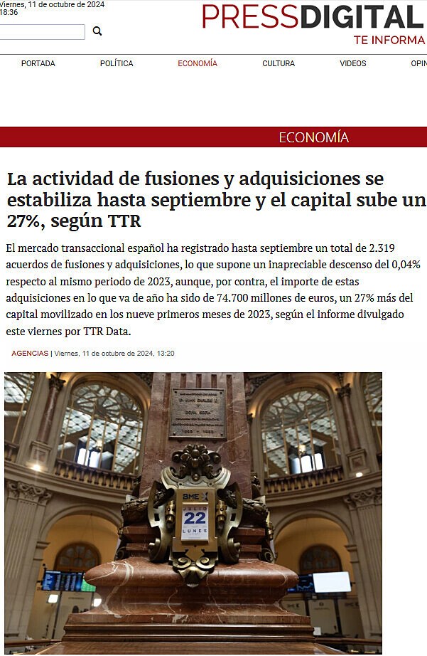 La actividad de fusiones y adquisiciones se estabiliza hasta septiembre y el capital sube un 27%, segn TTR